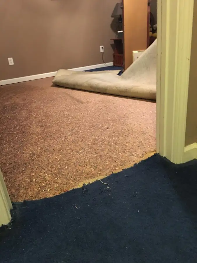 Carpet pad removal revealing water damage during Drying & Dehumidification in West Allis